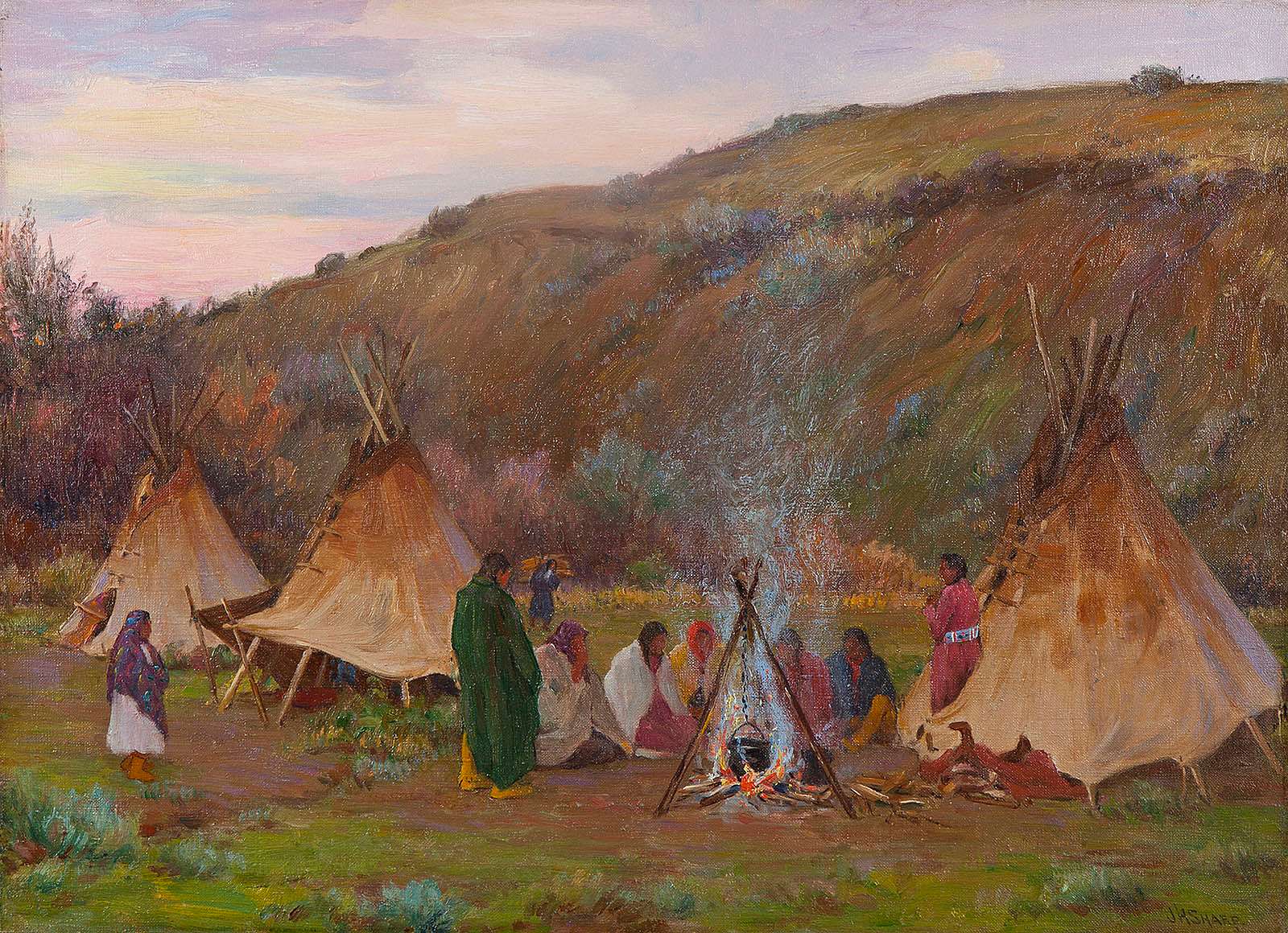 Evening Camp Crow Reservation; (Ration Day); [Evening on the Little Big Horn, Crow Camp, Ration Day]